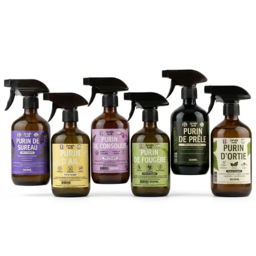 Gamme complète de 6 purins biologiques Jungle Feed en flacons ambrés avec vaporisateurs noirs - Ortie, Fougère, Prêle, Sureau, Ail et Consoude pour le soin naturel des plantes