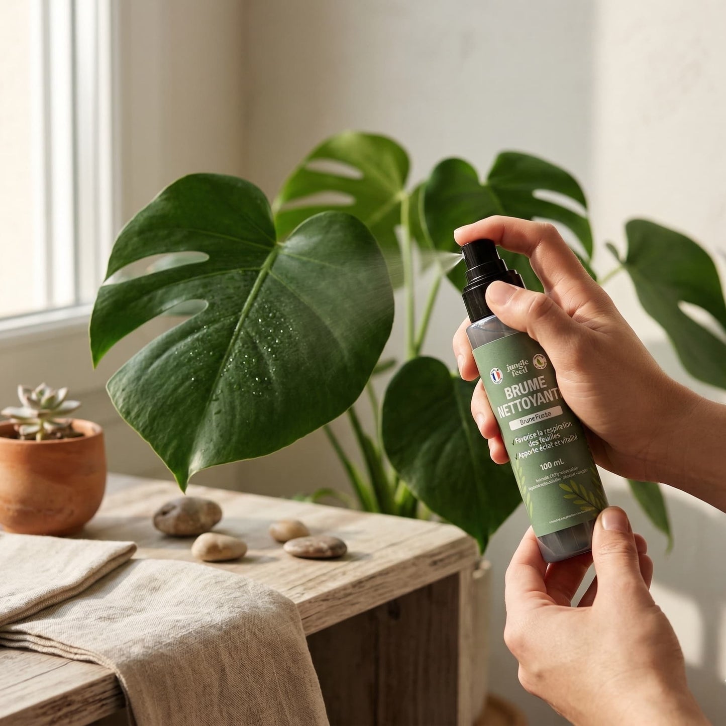 Utilisation du kit entretien plantes vertes Jungle Feed : gant microfibre gris essuyant une feuille pendant la vaporisation de la brume nettoyante, entouré de plantes d'intérieur