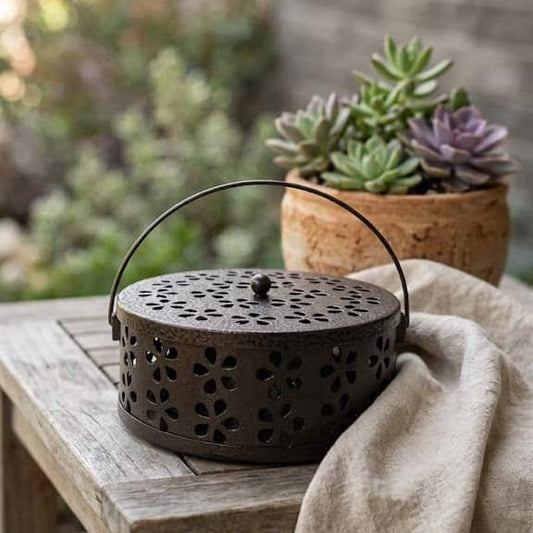 Brûleur de spirales anti-moustiques en fonte marron avec motifs floraux ajourés, posé sur une table en bois rustique à côté d'une plante succulente et d'un linge en lin beige, éclairage naturel extérieur.