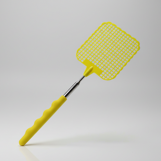 Photographie de produit d'une tapette à mouches jaune avec un manche télescopique. L'objet est posé sur une surface blanche réfléchissante devant un fond gris clair uni. L'éclairage est doux et uniforme, typique d'une photo de studio.