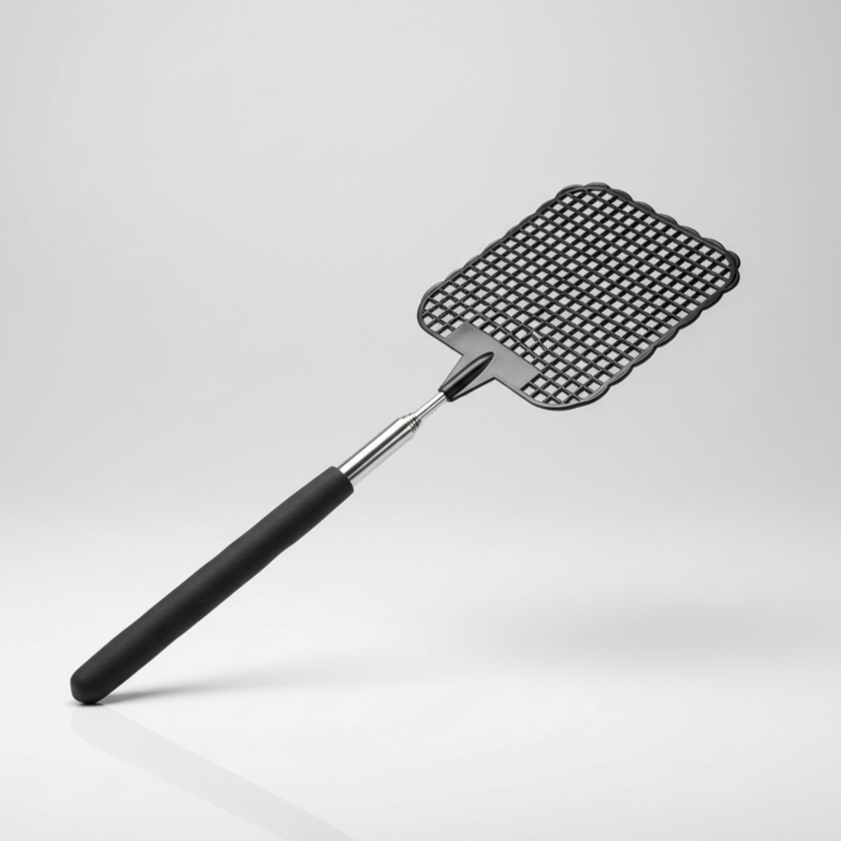 Photographie de produit d'une tapette à mouches de couleur noire. L'objet, doté d'un manche télescopique argenté et d'une poignée ergonomique bleue, est présenté sur un fond uni gris clair avec un éclairage de studio professionnel.
