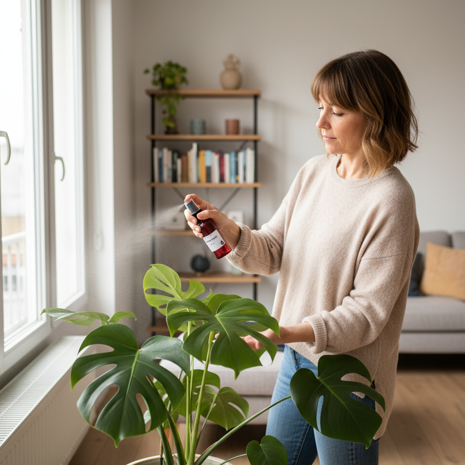 L'image montre une femme caucasienne d'environ 45 ans, aux cheveux châtains coupés au carré, vêtue d'un pull beige et d'un jean. Elle se tient près d'une grande fenêtre dans un appartement moderne et pulvérise le contenu d'un flacon rouge (identique à celui de l'image précédente) sur les feuilles d'une plante Monstera luxuriante placée dans un pot clair. En arrière-plan, on aperçoit un salon avec un canapé gris, des étagères remplies de livres et d'objets décoratifs, créant une ambiance chaleureuse et lumin