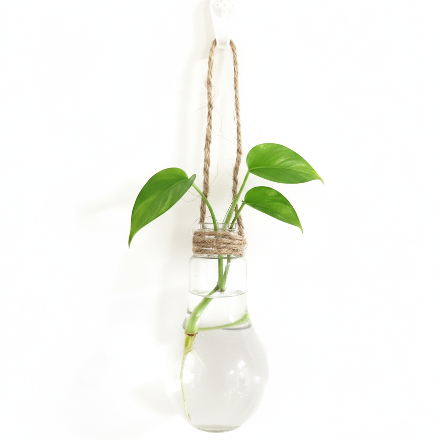 Mini-vase ampoule en verre suspendu par corde de jute pour bouture de Pothos, fond blanc épuré.