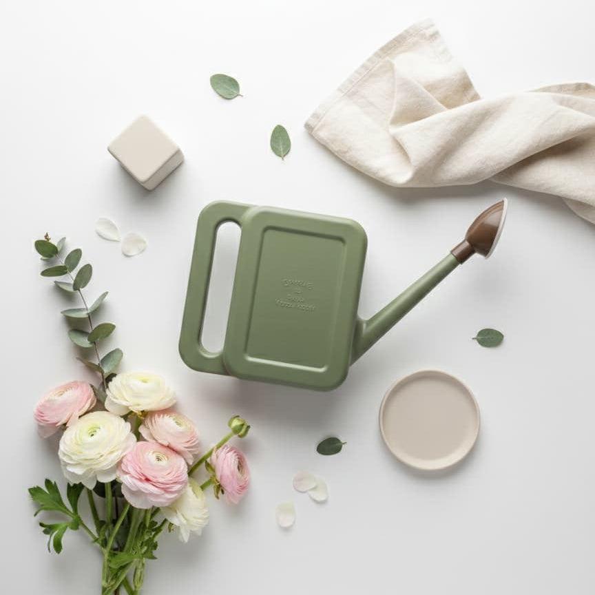 Vue de dessus d'un arrosoir rectangulaire vert entouré de fleurs de renoncules roses et blanches, de feuilles d'eucalyptus et d'un linge en lin beige sur un fond blanc.