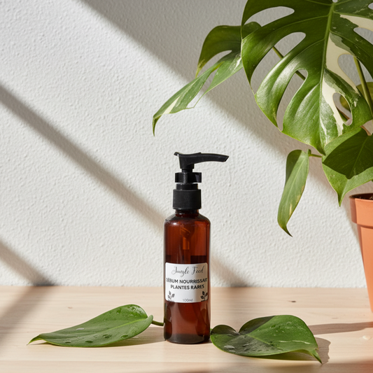 Flacon en verre ambré de 100ml du sérum nourrissant Jungle Feed pour plantes rares avec pompe noire, posé sur une table en bois à côté de feuilles vertes.