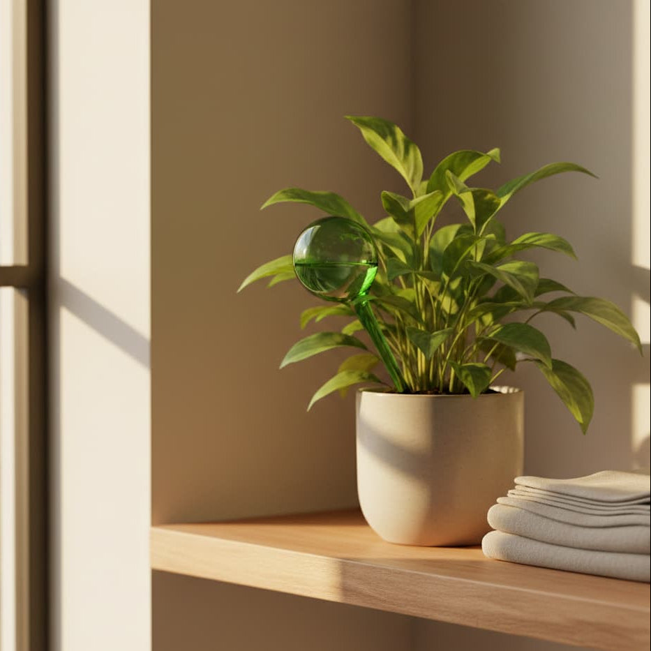 Une plante verte en pot sur une étagère en bois près d'une fenêtre, équipée d'un globe d'arrosage en verre vert. Ambiance lumineuse et chaleureuse.