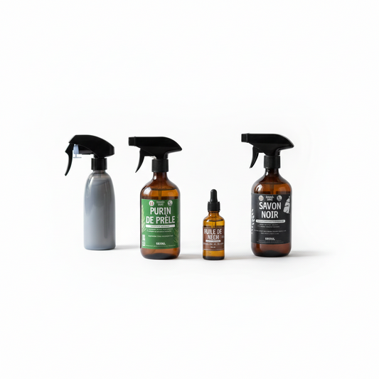 Pack complet anti-araignée rouge composé de quatre flacons : purin de prêle, huile de neem et savon noir. Solution naturelle et bio pour le traitement des acariens sur fond blanc.