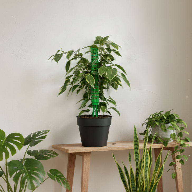 Photo d'une grande plante Monstera en pot avec un tuteur en fibre de coco, placée dans un salon lumineux. La plante, aux feuilles découpées, est entourée d'autres plantes d'intérieur et d'une bibliothèque en bois, créant une ambiance de jungle urbaine.