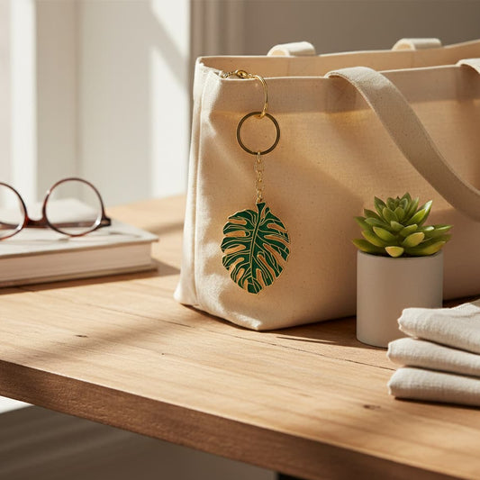 Un porte-clés feuille de monstera accroché à un sac en toile blanc posé sur un bureau en bois, baigné par la lumière naturelle d'une fenêtre avec une petite plante succulente à côté.