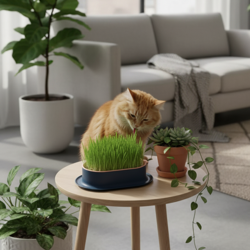 Pot à herbe à chat ovale rose et bleu, placé sur une table basse en bois dans un salon lumineux avec des plantes vertes.