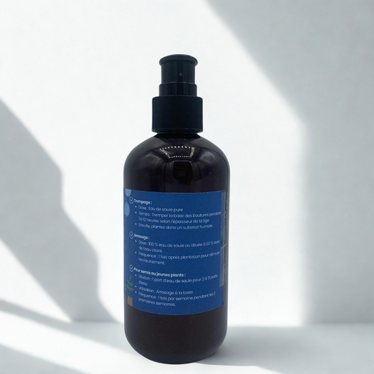 Produit de jardinage biologique : une bouteille de 250 ml d'eau de Saule pour l'enracinement des plantes.
