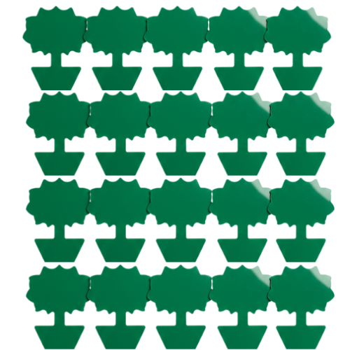 Gros plan sur 20 pièges adhésif de couleur verte en forme de fleur stylisée. Le dispositif dispose d'un piquet à sa base pour être inséré dans la terre et sert à capturer les thrips et mouches de terreau.