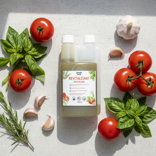 Engrais potager naturel Jungle Feed 500ml vue flat lay avec tomates, ail et basilic frais - Made in France