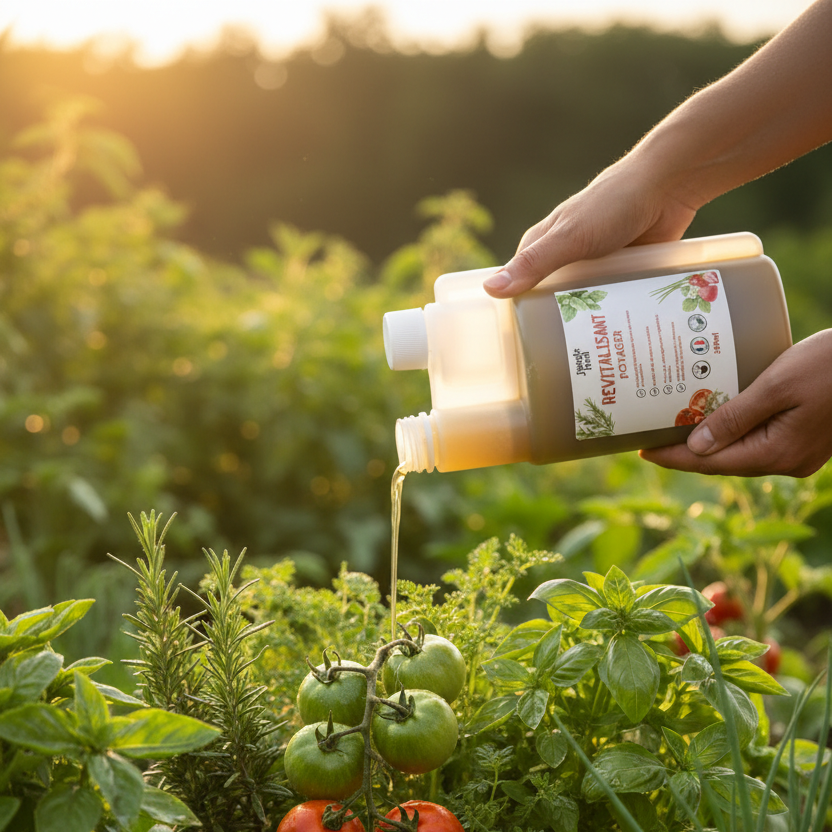 Application du Revitalisant Potager Jungle Feed sur un potager de tomates et herbes aromatiques - Engrais naturel Made in France