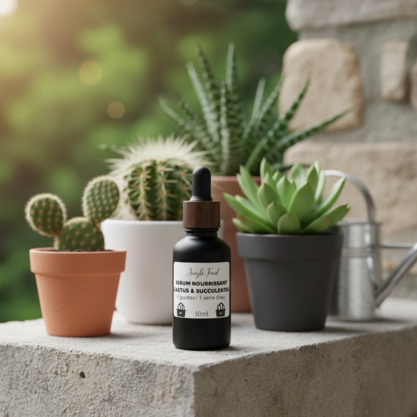 Flacon noir de 30ml de sérum nourrissant "Jungle Feed" pour cactus et succulentes avec un bouchon en bois. Le flacon est posé sur un rebord en pierre entouré de cactus, d'une succulente et d'un arrosoir miniature.