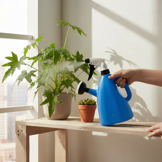 Main tenant un arrosoir-vaporisateur bleu pour brumiser les feuilles d'une plante verte près d'une fenêtre lumineuse.