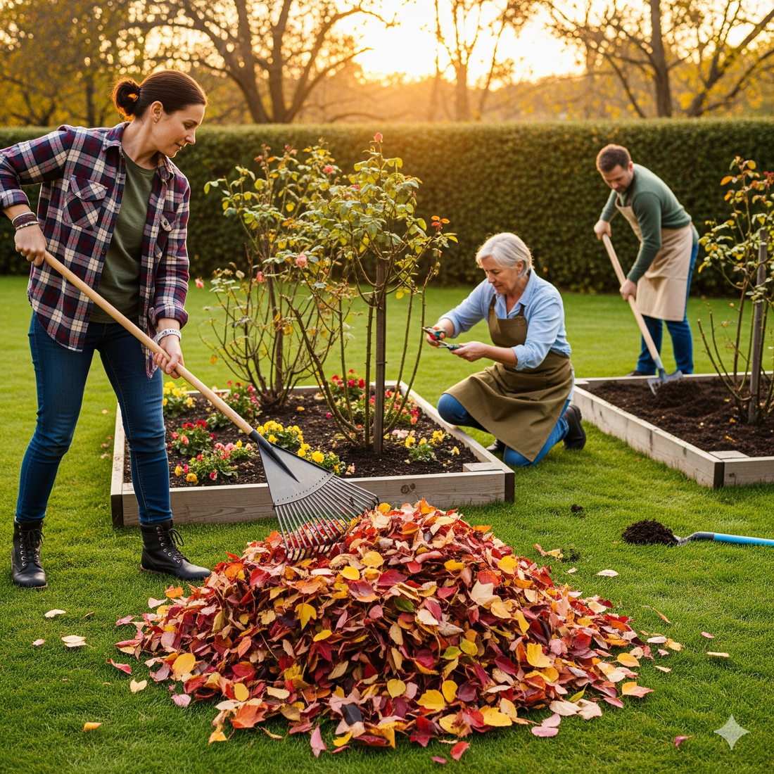 Trois personnes s'occupent d'un jardin en automne. Une femme ratisse un grand tas de feuilles colorées, une autre personne taille des plantes dans un carré de culture, et un homme travaille la terre en arrière-plan. Le soleil couchant éclaire la scène.