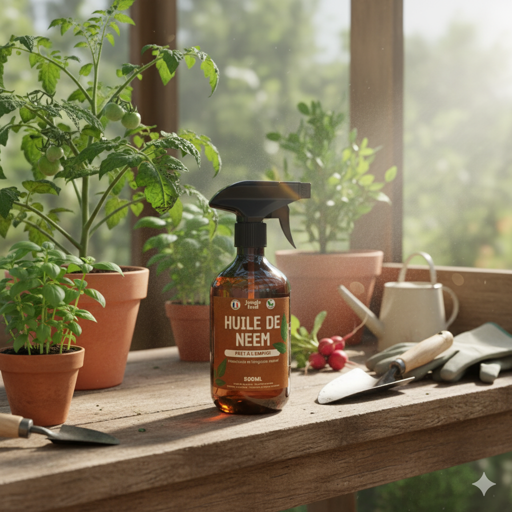 huile de neem jungle feed sur une table 