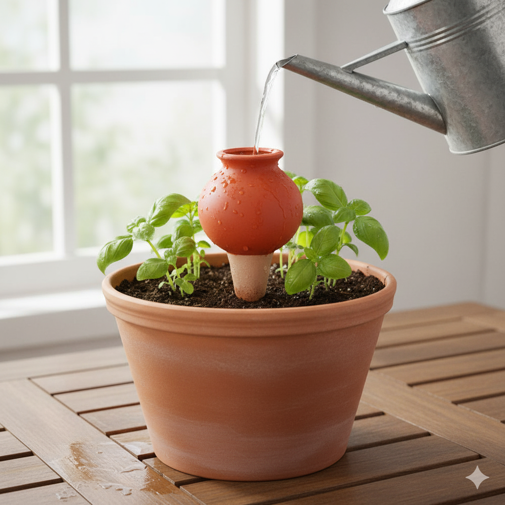 Une ollas d'arrosage en terre cuite de couleur terracotta, avec une base conique claire et une partie supérieure sphérique, posée sur une planche de bois ronde. Le tout est placé sur un tapis d'herbe verte.