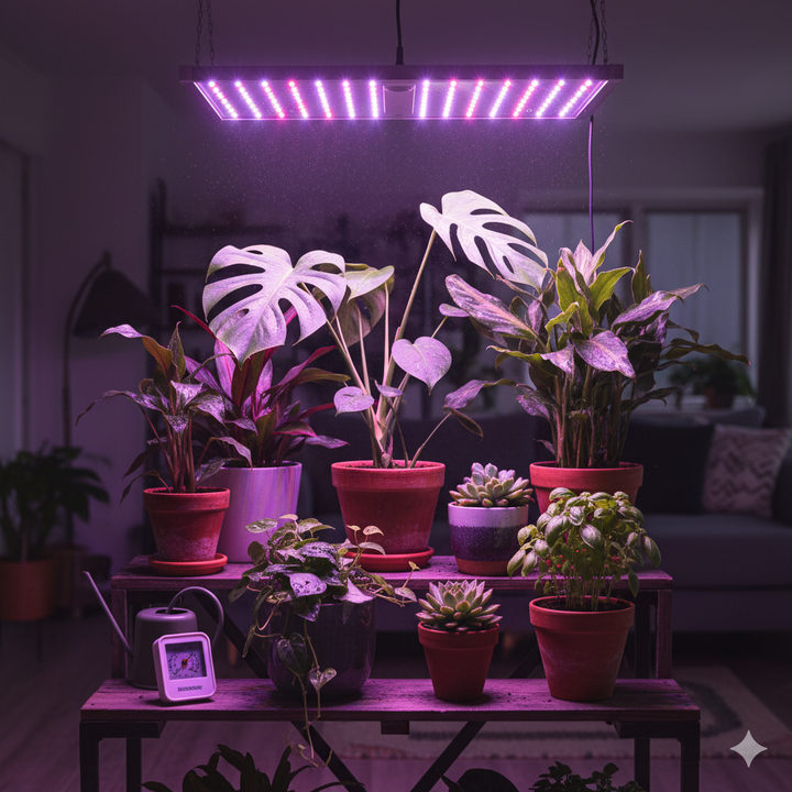 plantes sous une lumière LED de croissance, créant une ambiance propice à la culture en intérieur