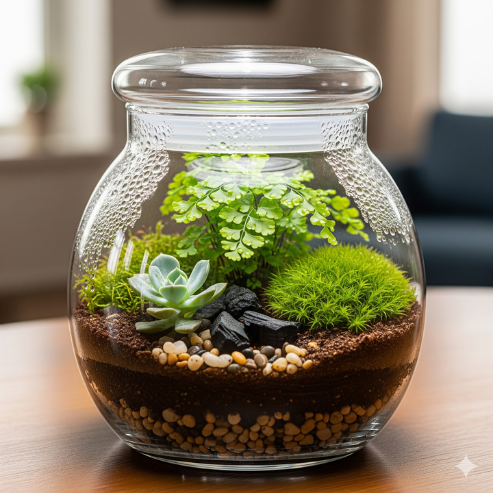 Petit terrarium en verre avec fougères, mousse, succulente, galets et condensation, posé sur une table en bois.