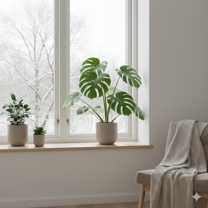 Plante d’intérieur en hiver près d’une fenêtre, style épuré