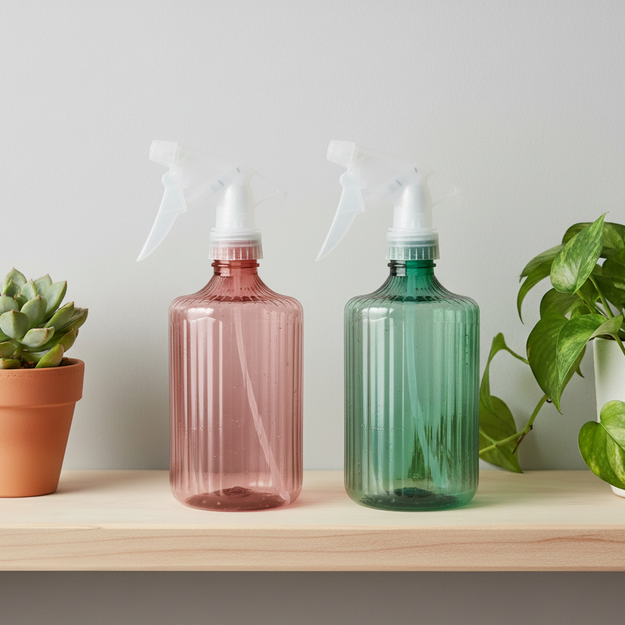 Pulvérisateur vert et rose posé sur étagère bois clair, entouré de plantes d'intérieur. Décoration jungle urbaine.