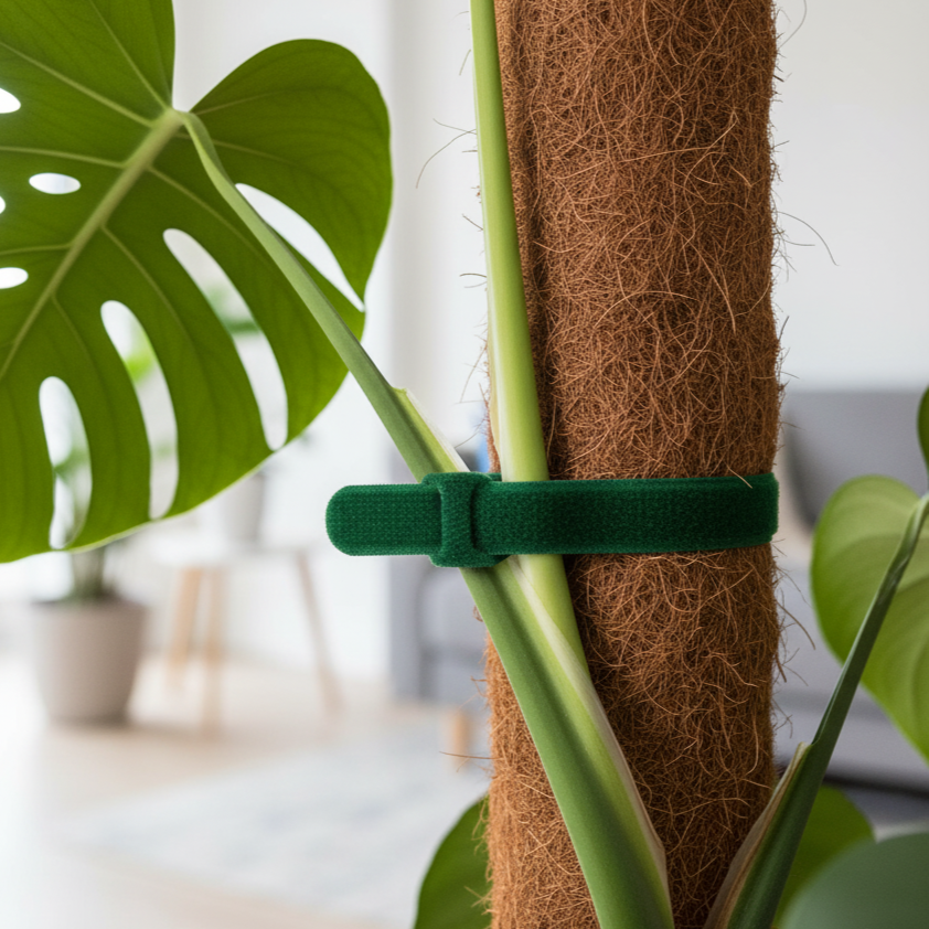 Gros plan sur une attache de plante en velcro vert foncé, solidement fixée autour de la tige d'une grande plante d'intérieur et d'un tuteur en fibre de coco. Une grande feuille de Monstera, reconnaissable à ses découpes caractéristiques, est visible en arrière-plan flou, suggérant un cadre domestique lumineux et moderne.