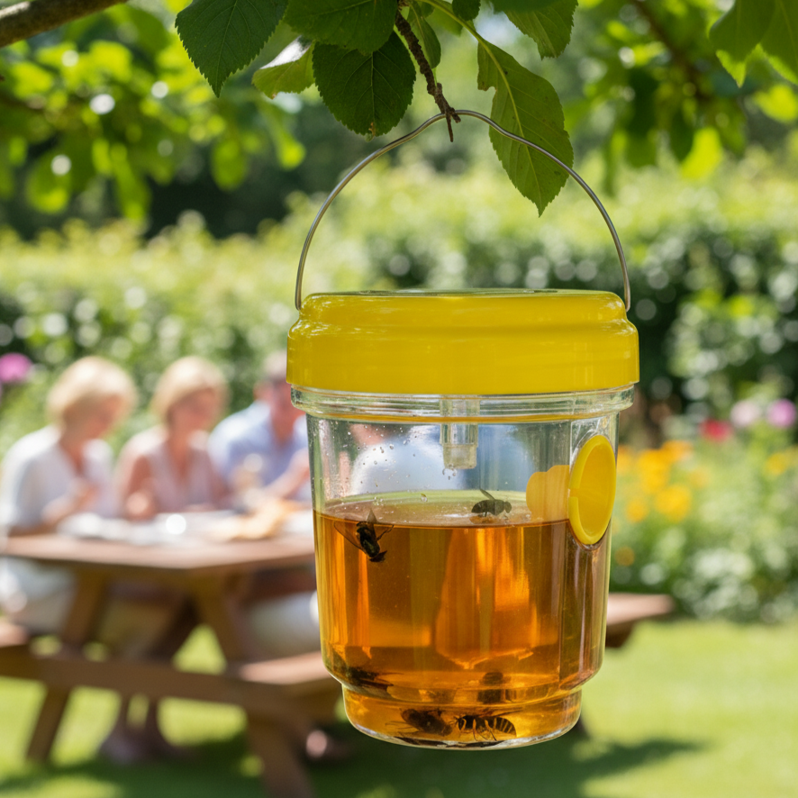 Un attrape-mouches et guêpes transparent avec un couvercle jaune vif et une poignée métallique est suspendu à une branche d'arbre feuillue. Il contient un liquide ambré dans lequel plusieurs insectes (mouches et guêpes) sont visibles. Des insectes volent également près de l'attrape-mouches.