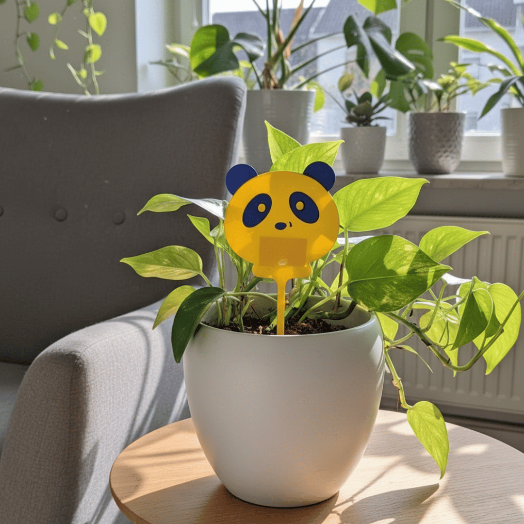 Attrape-insectes jaune en forme de panda inséré dans le pot d'une plante d'intérieur, posé sur une table en bois à côté d'un fauteuil gris. D'autres plantes sont visibles sur le rebord d'une fenêtre en arrière-plan.