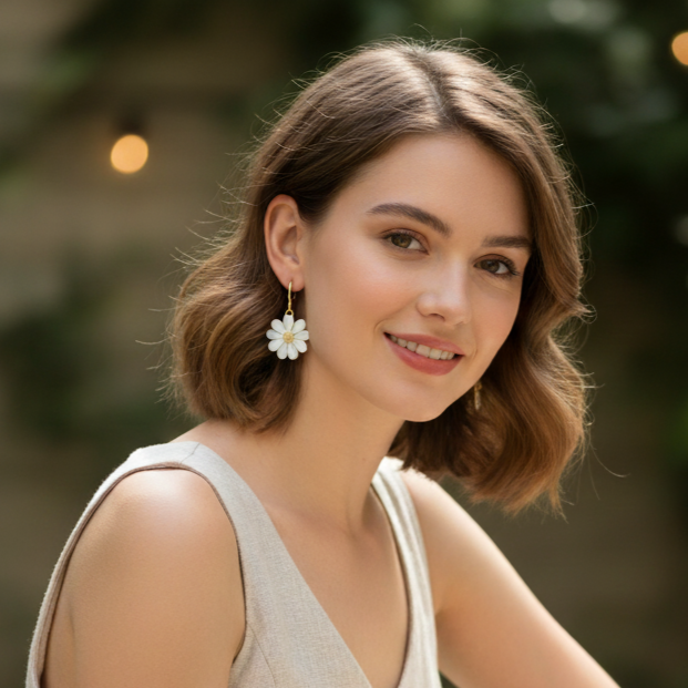 Femme souriante portant des créoles dorées avec des pendentifs floraux en nacre blanche, assise à une table de jardin avec un livre, dans une ambiance lumineuse et naturelle.