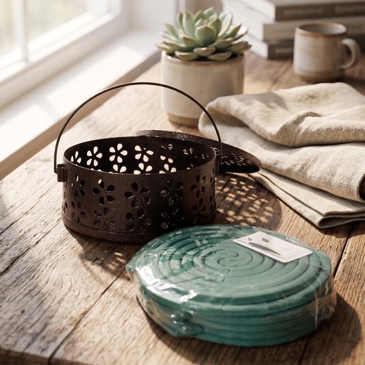 Diffuseur de protection contre les moustiques en metal marron dans un intérieur moderne et lumineux, placé près d'une fenêtre avec une plante grasse et du linge de maison.