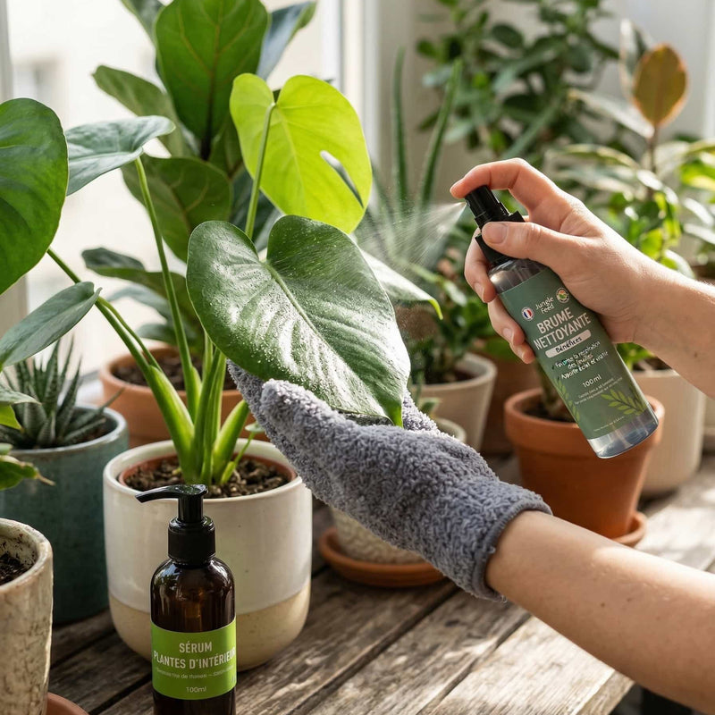 Mains tenant la Brume Nettoyante Jungle Feed 100ml prête à être vaporisée sur les feuilles d'un monstera, ambiance naturelle et lumineuse