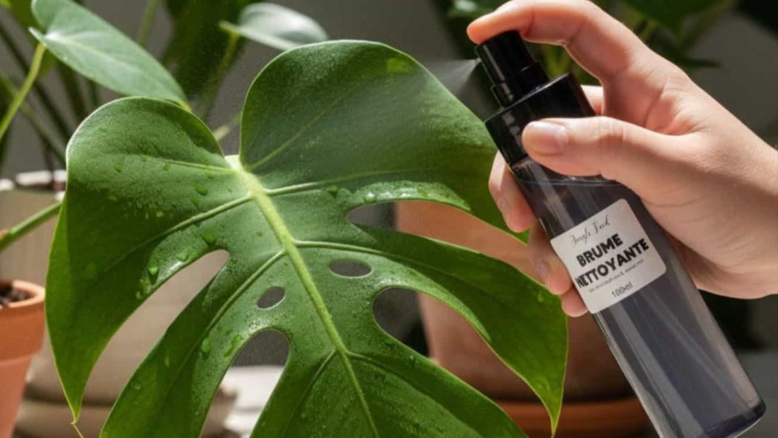 Main vaporisant la Brume Nettoyante Jungle Feed sur une grande feuille de Monstera Deliciosa pour enlever la poussière et redonner de l'éclat.