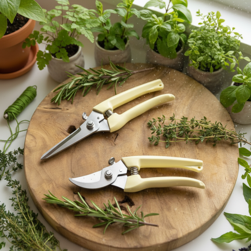 Deux sécateurs de jardinage, un à lame droite et un à lame courbée, posés sur une table en bois avec des plantes vertes en arrière-plan.