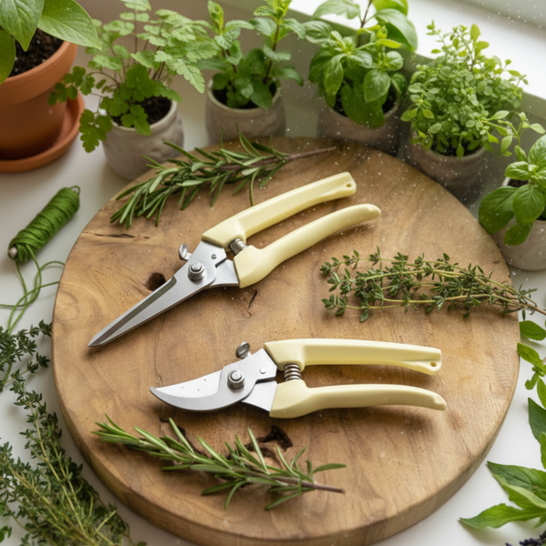 Deux sécateurs de jardinage, un à lame droite et un à lame courbée, posés sur une table en bois avec des plantes vertes en arrière-plan.