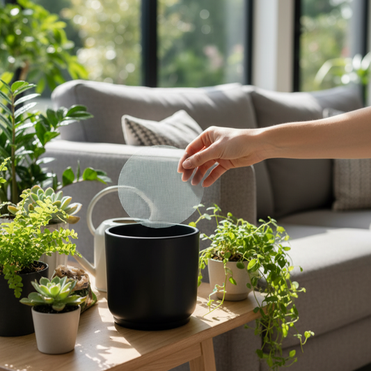 Filet de drainage circulaire blanc pour pot de fleurs, placé dans un salon ensoleillé à côté de plusieurs plantes d'intérieur et d'un pot noir en céramique. Outil de jardinage essentiel pour améliorer l'écoulement de l'eau et empêcher la terre de s'échapper.
