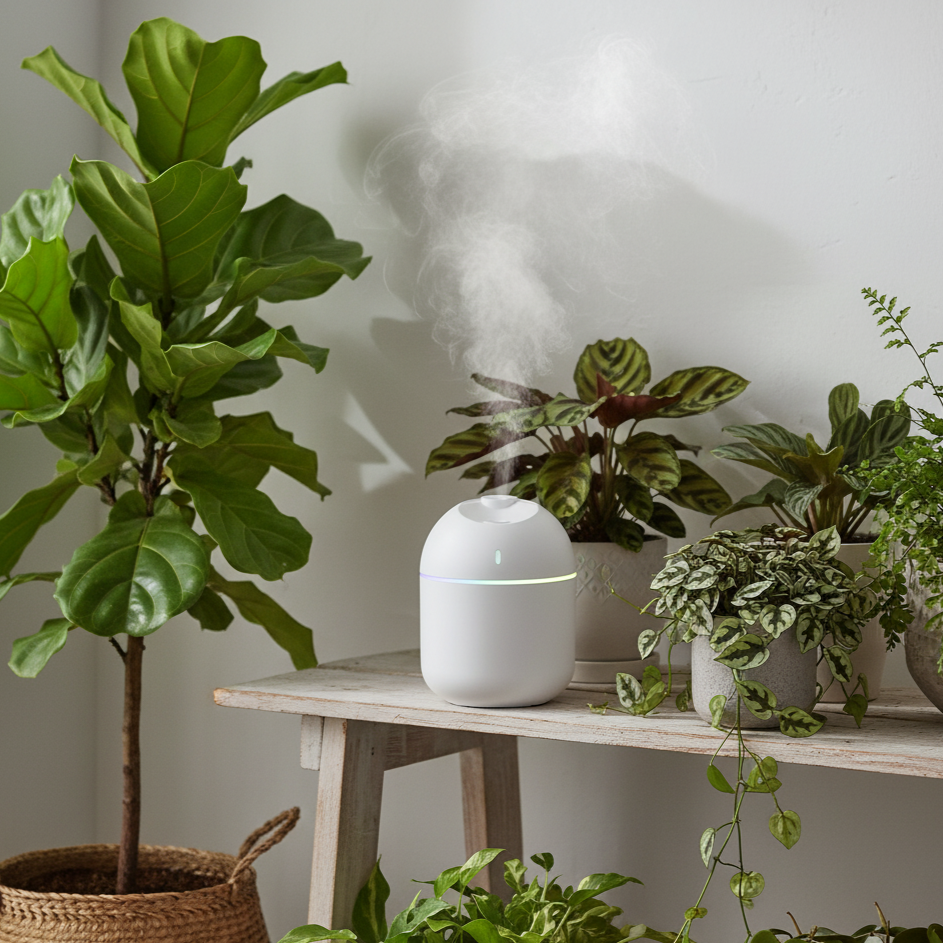 Un mini humidificateur blanc au design moderne, avec une bande lumineuse colorée à sa base, diffuse une fine brume. Il est posé sur un banc en bois clair, rustique et vieilli. Autour de lui, plusieurs plantes d'intérieur luxuriantes et variées sont disposées dans des pots en terre cuite ou en céramique : un grand Ficus lyrata dans un panier en osier à gauche, des Calatheas et d'autres plantes à feuillage vert et panaché sur le banc et en dessous. 