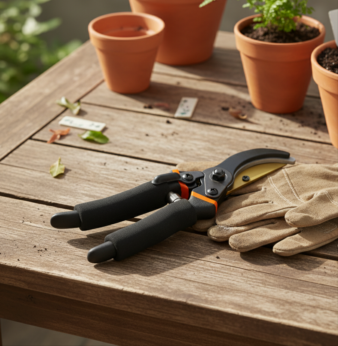 Sécateur de jardin noir et orange avec poignées ergonomiques posé sur une table en bois, à côté de gants de jardinage et de pots de plantes en terre cuite.