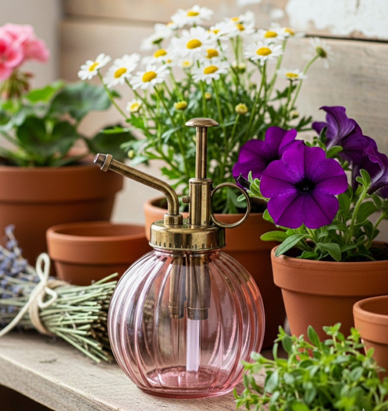 Vaporisateur de plantes en verre rose avec un dessus en laiton, posé sur une étagère en bois rustique, entouré de plantes en pot et de lavande séchée.