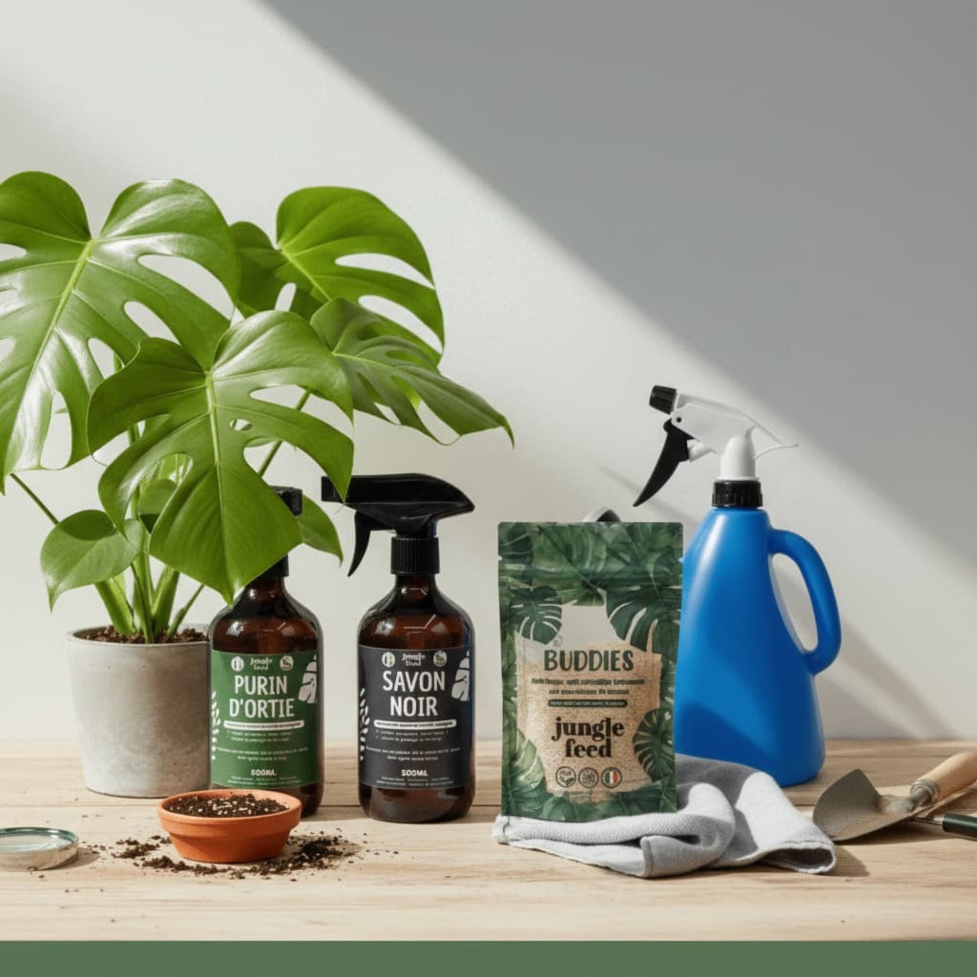 Kit de soin naturel pour plantes présenté sur une table en bois comprenant quatre produits : un flacon pulvérisateur de Purin d'Ortie, un flacon de Savon Noir, un sachet de protection 'Buddies' Jungle Feed contre les thrips et cochenilles, et un arrosoir-vaporisateur bleu 2-en-1. À côté du kit se trouve une petite monstera en pot avec des oranges, illustrant l'usage en intérieur.