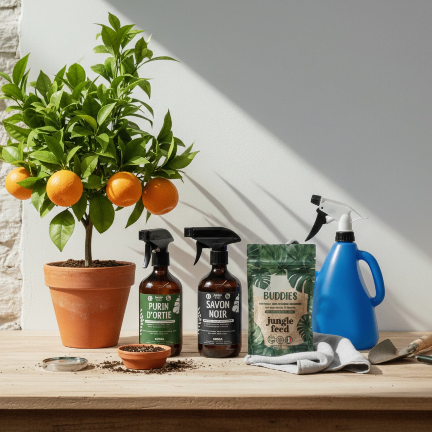 Kit de soin naturel pour plantes présenté sur une table en bois comprenant quatre produits : un flacon pulvérisateur de Purin d'Ortie, un flacon de Savon Noir, un sachet de protection 'Buddies' Jungle Feed contre les thrips et cochenilles, et un arrosoir-vaporisateur bleu 2-en-1. À côté du kit se trouve un petit agrume en pot avec des oranges, illustrant l'usage en extérieur.