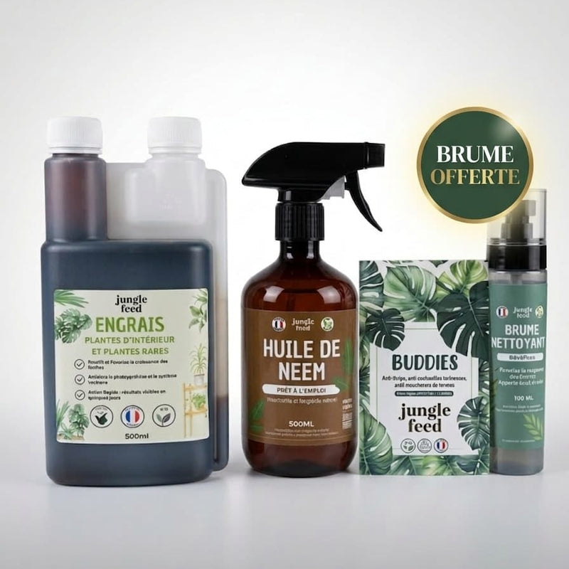 Kit complet de soin pour plantes rares avec engrais concentré, huile de neem prêt à l'emploi, Buddies bio anti-nuisibles et brume nettoyante offerte