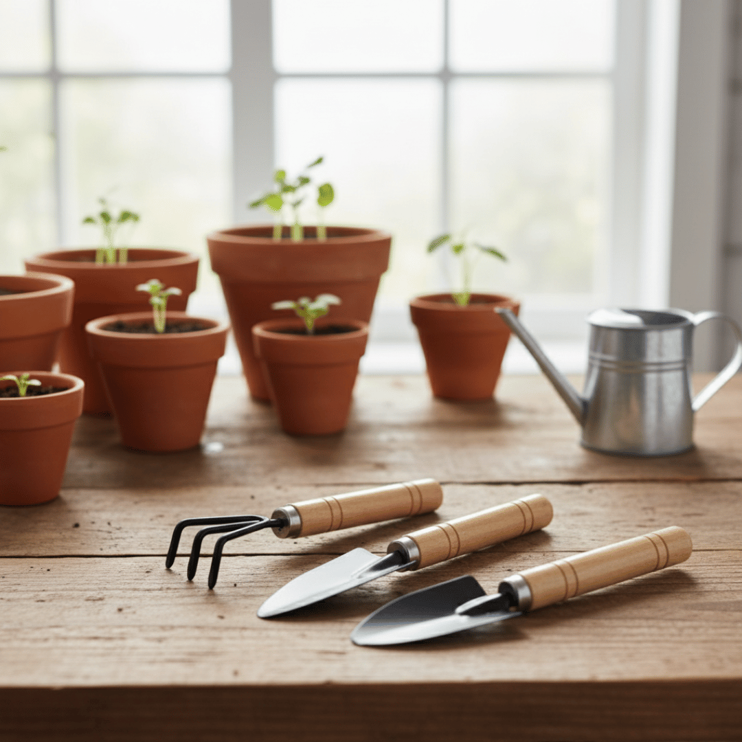 Une photo de trois petits outils de jardinage à manche en bois — une griffe à main, une petite truelle et une pelle — posés sur une table en bois. À l'arrière-plan, il y a plusieurs pots en terre cuite contenant de jeunes pousses et un petit arrosoir en métal argenté.