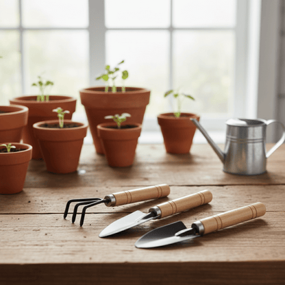 Une photo de trois petits outils de jardinage à manche en bois — une griffe à main, une petite truelle et une pelle — posés sur une table en bois. À l'arrière-plan, il y a plusieurs pots en terre cuite contenant de jeunes pousses et un petit arrosoir en métal argenté.