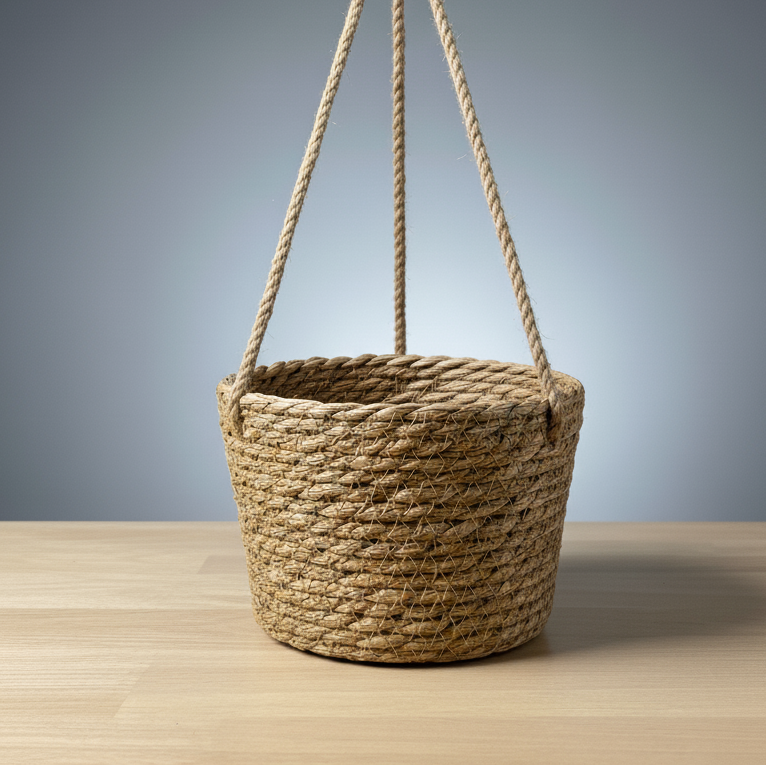 Panier suspendu en jute tressé uni de couleur naturelle (beige), avec un anneau en bois au sommet pour l'accrocher, posé sur une surface en bois. Le fond est un dégradé de gris foncé à clair.