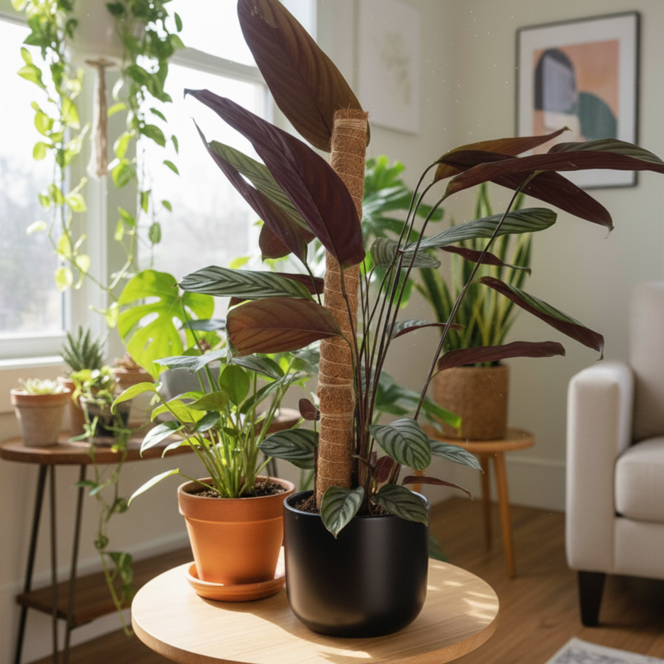 Une plante d'intérieur tropicale avec un tuteur en fibre de coco empilable, posée dans un salon moderne.