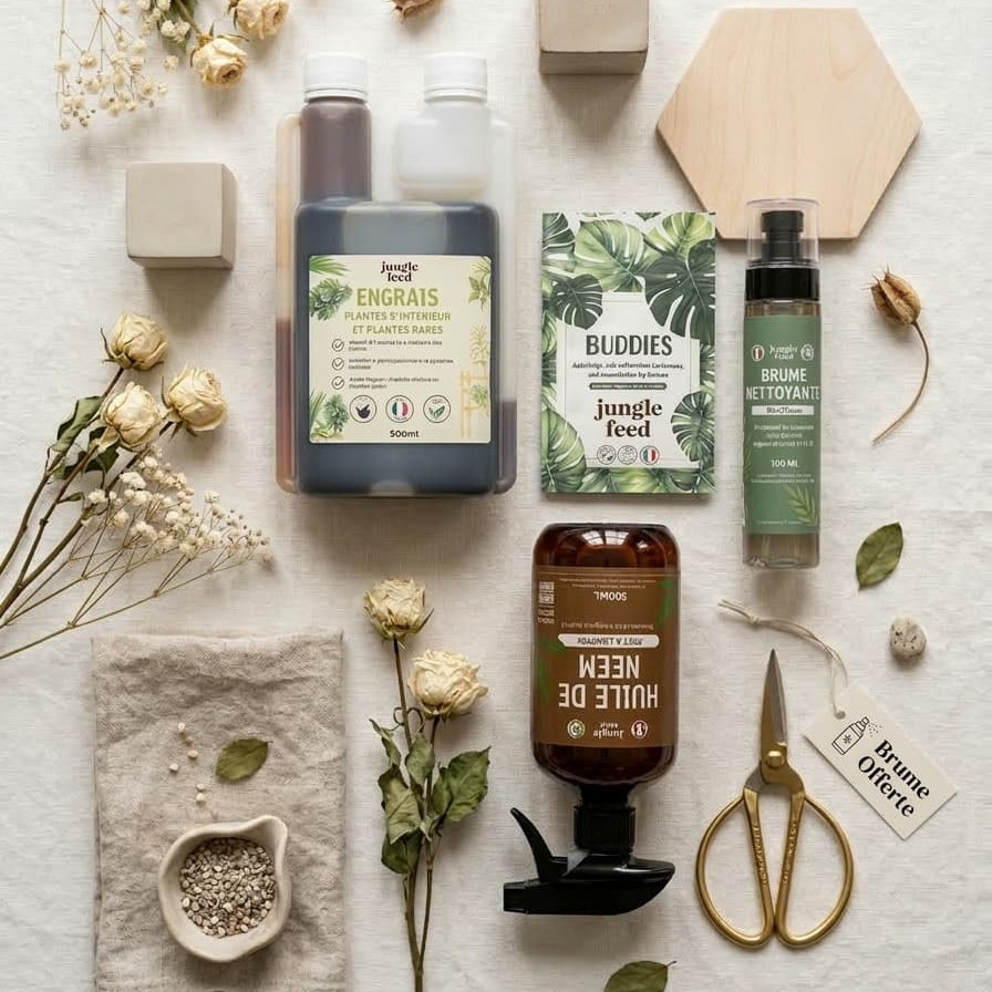 Détail des 4 produits du kit : engrais naturel pour plantes rares, protection biologique Buddies, huile de neem et brume nettoyante Made in France