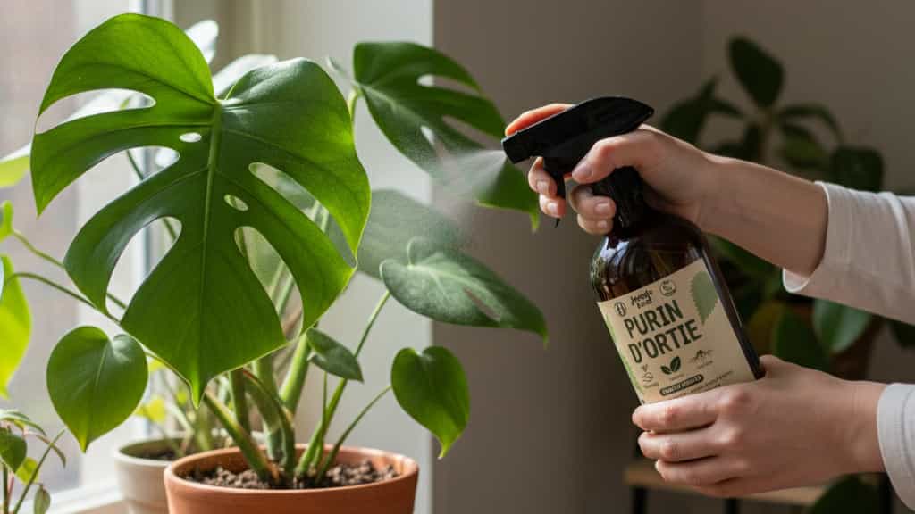 Utilisation du spray Purin d'Ortie Jungle Feed comme engrais foliaire naturel sur une plante d'intérieur pour stimuler la croissance.