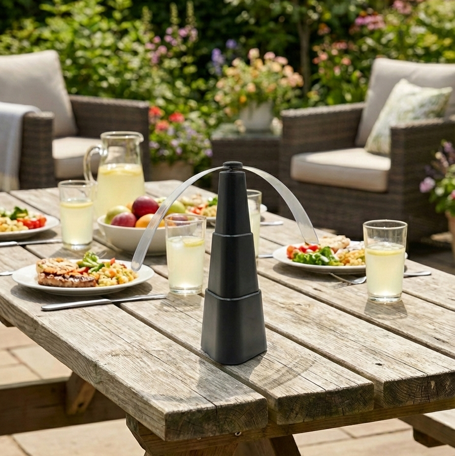 Répulsif à Mouches Rotatif  mise en situation sur table exterieur en bois avec assiettes et verres 